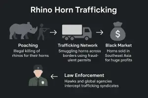 Rhino horn trafficking cycle from poaching to black market and law enforcement intervention