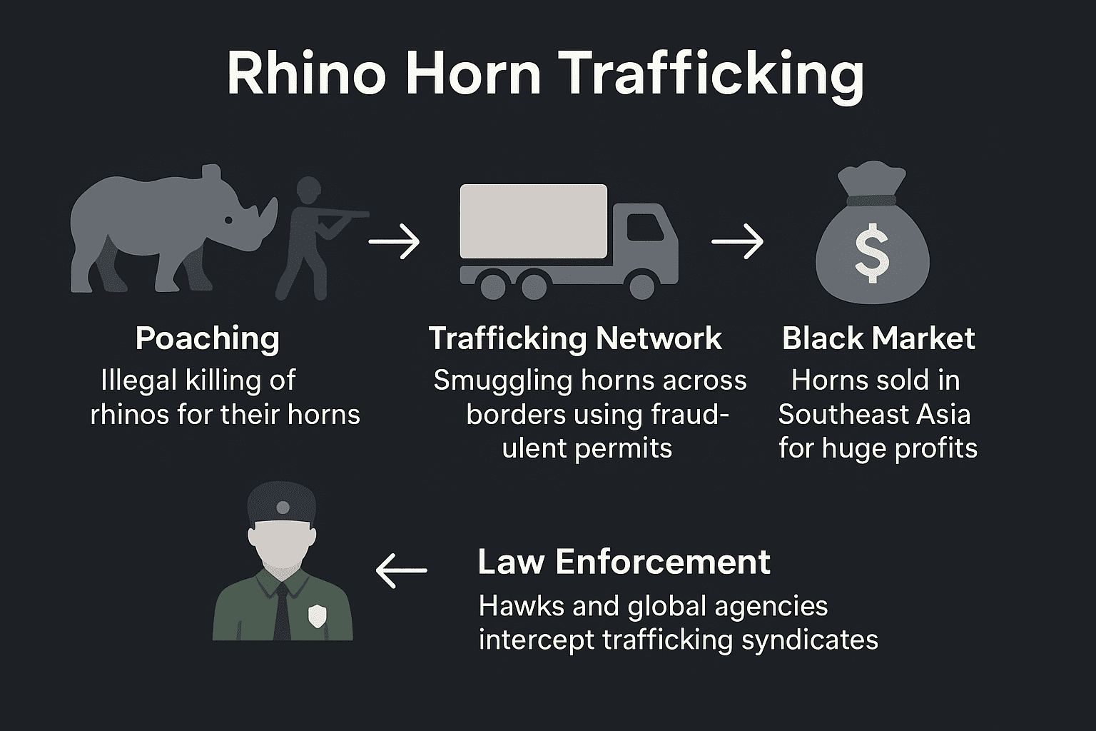 Rhino horn trafficking cycle from poaching to black market and law enforcement intervention