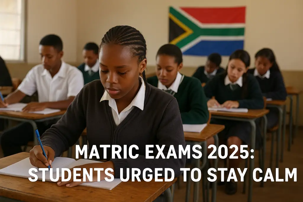 South African learners studying for Matric Exams 2025 in a classroom with focus and calm, following Education Board guidance.