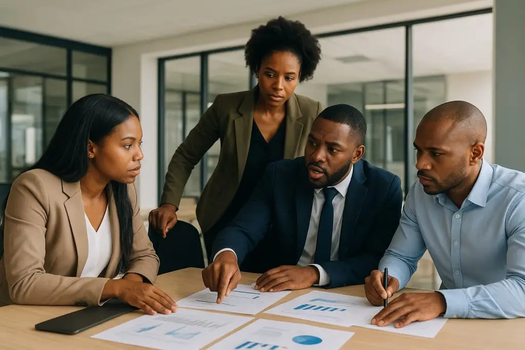 ANC underperformers reviewing performance reports in a modern office setting, showing teamwork and urgency.