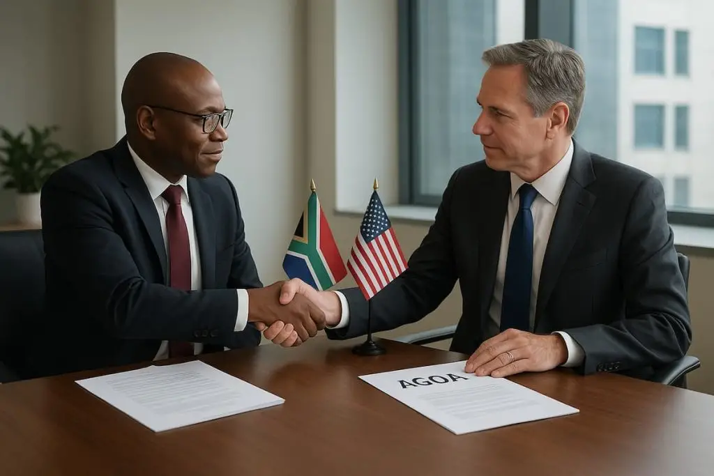 renewing AGOA: South African and U.S. officials shaking hands over trade agreement documents
