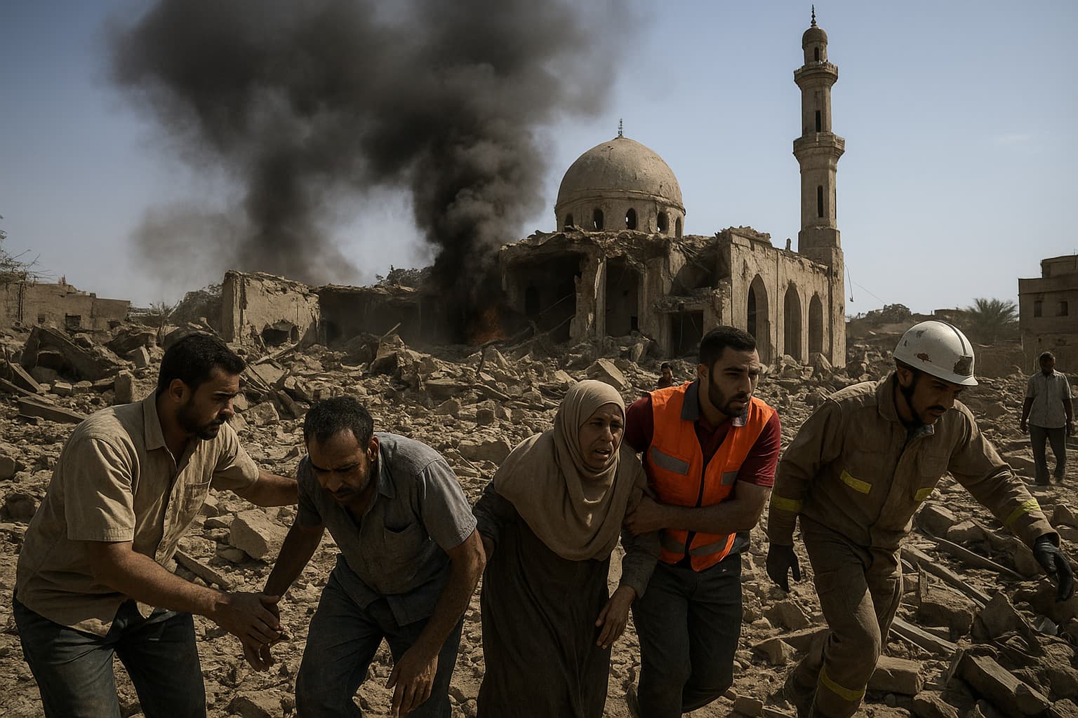 Sudan drone strike aftermath showing destroyed mosque and rescuers aiding victims