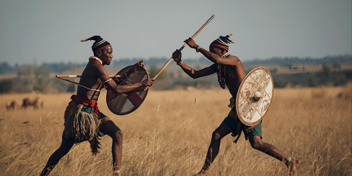 stick fight between two Zulu warriors in traditional attire