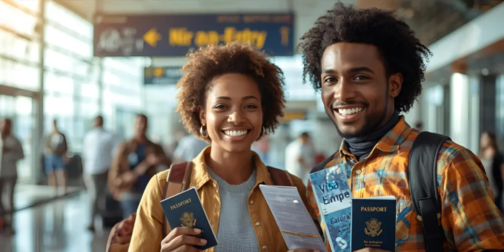 African travelers enjoying visa fees Africa freedom at the airport