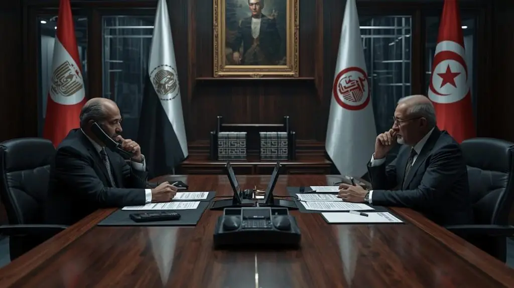 Egypt Tunisia Talks visual: leaders in a diplomatic phone discussion with national flags