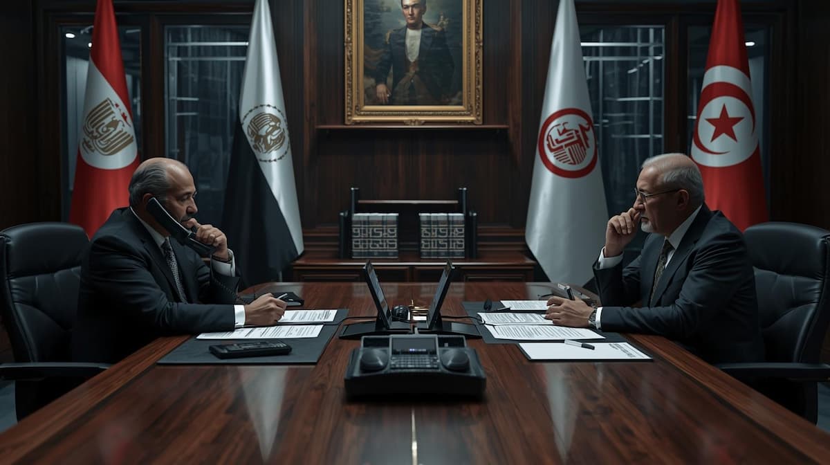 Egypt Tunisia Talks visual: leaders in a diplomatic phone discussion with national flags